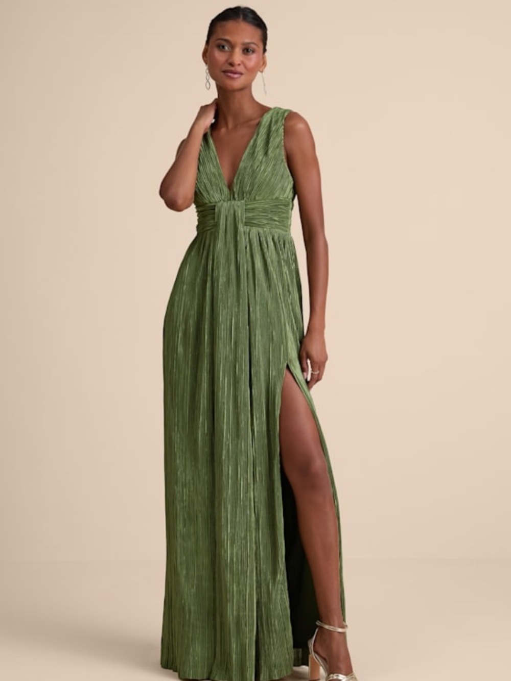 Lulus Melitta Olive Green Plisse Sash Maxi Dress - Size XS